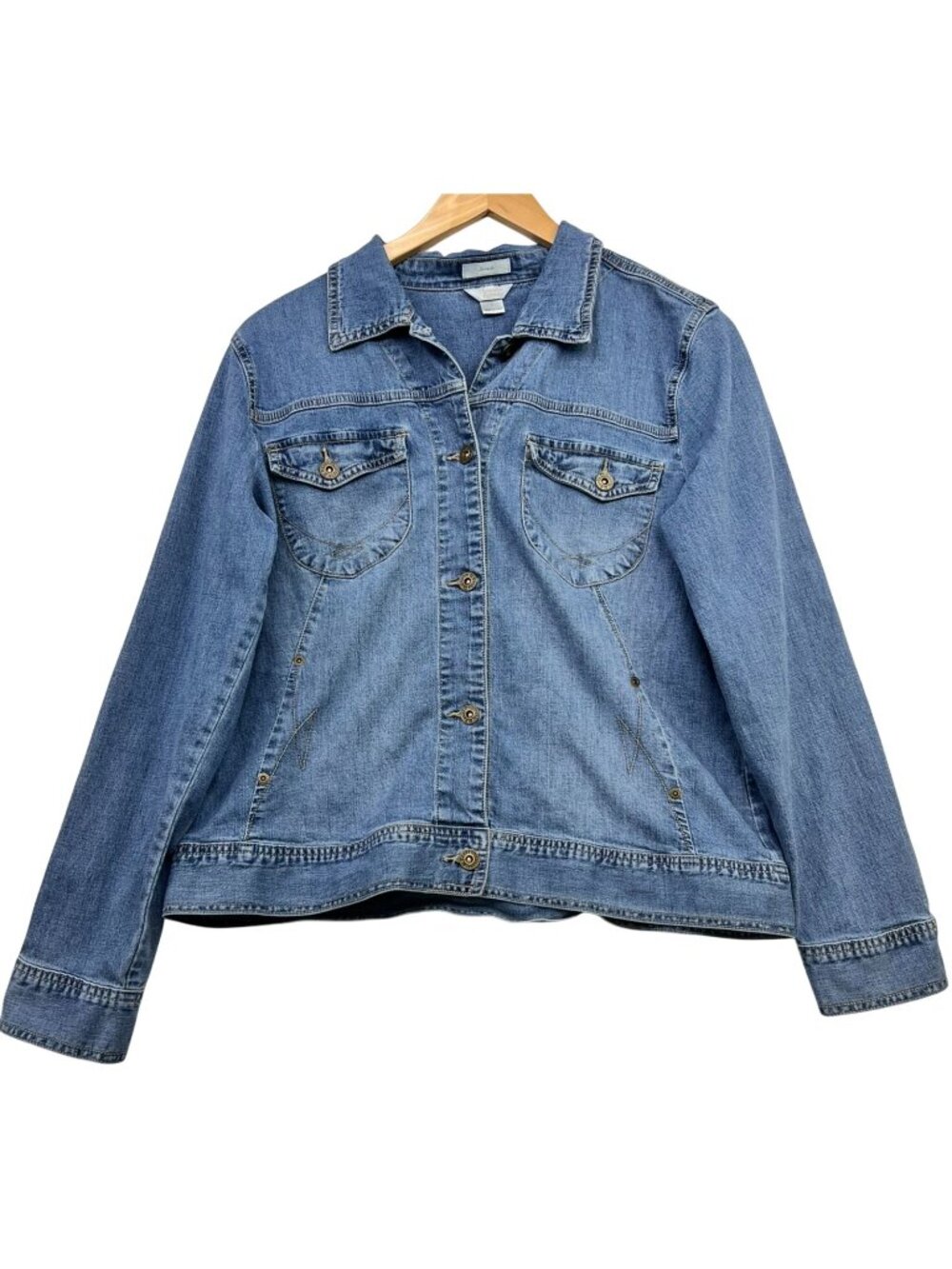 Christopher & Banks Women's Button Front Denim Jacket Stretch Sz L Blue Mid Wash